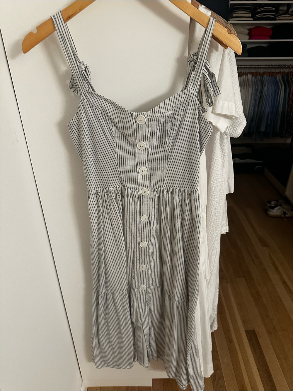 Urban Outfitters White and Navy Striped Tie-Shoulder Dress
